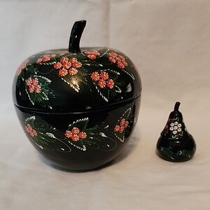 Vtg Handpainted Black Lacquer Apple & Mini Pear Trinket Boxes Lot of 2 Flowers